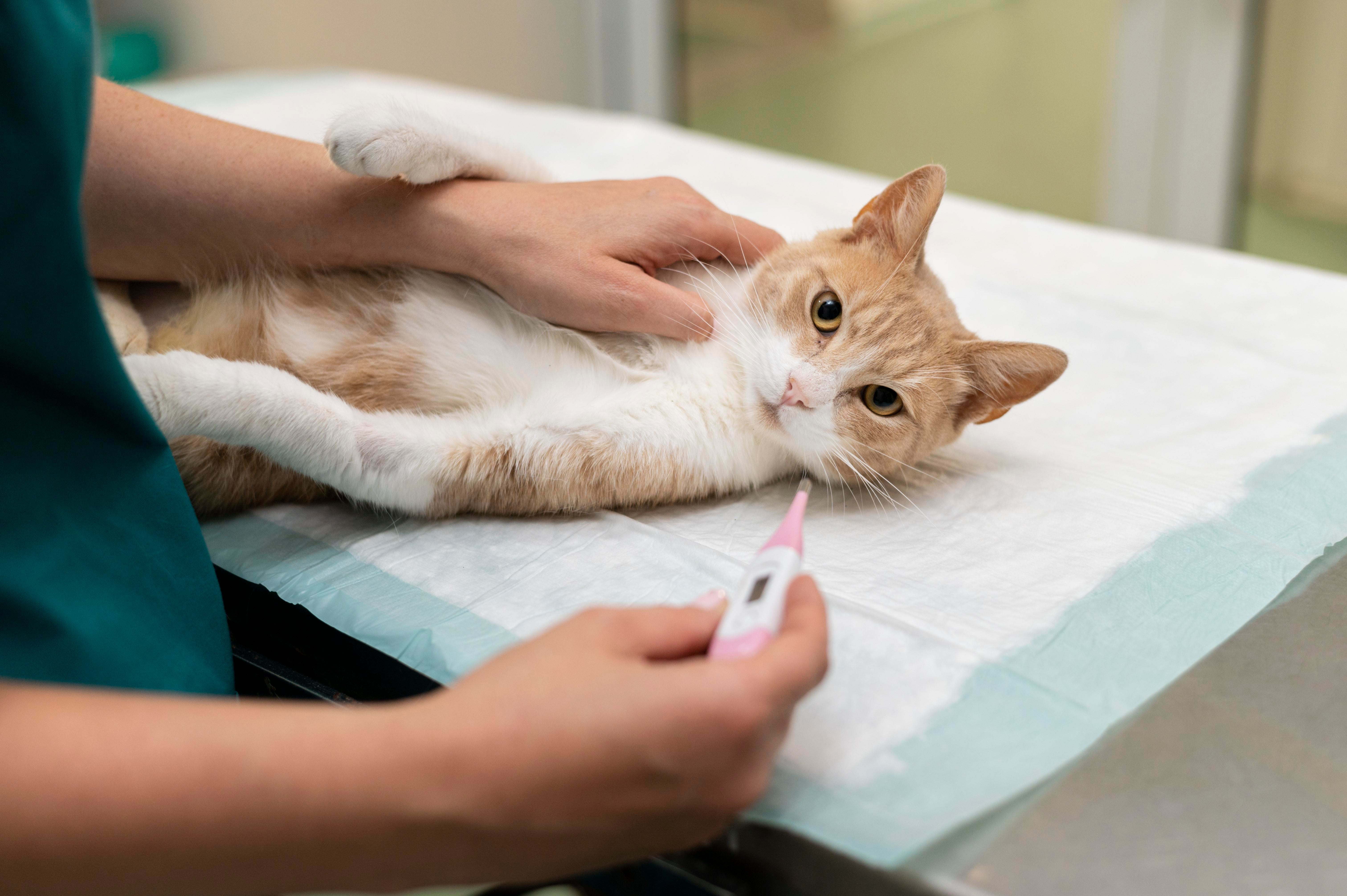 A vet gently examines a calm cat on an exam table, holding a digital thermometer—highlighting the importance of regular checkups for cat health | Kittynook