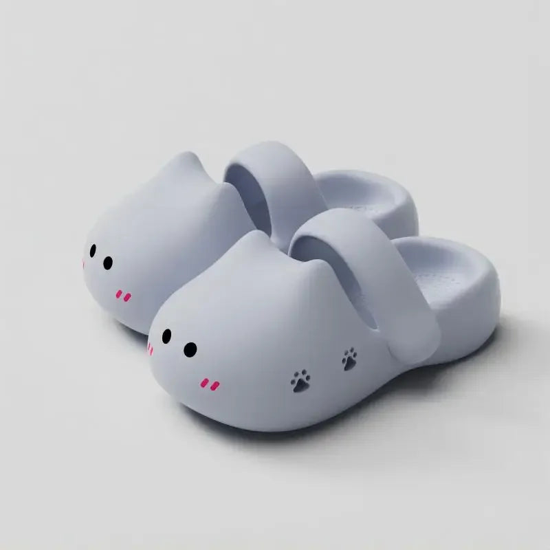 KittyNook Cat Co. Adorable Cat Face Comfort Sandals: light purple, pink cheeks, black paw prints, non-slip sole.
