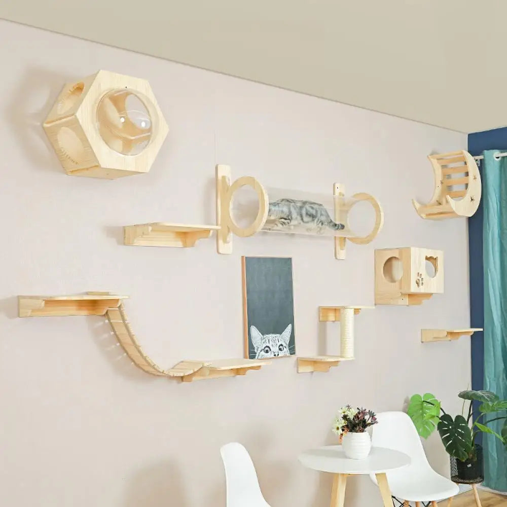 The Luxurious Wall-Mounted Cat Paradise by KittyNook Cat Co. features a cat lounging in a tunnel above table and chairs.