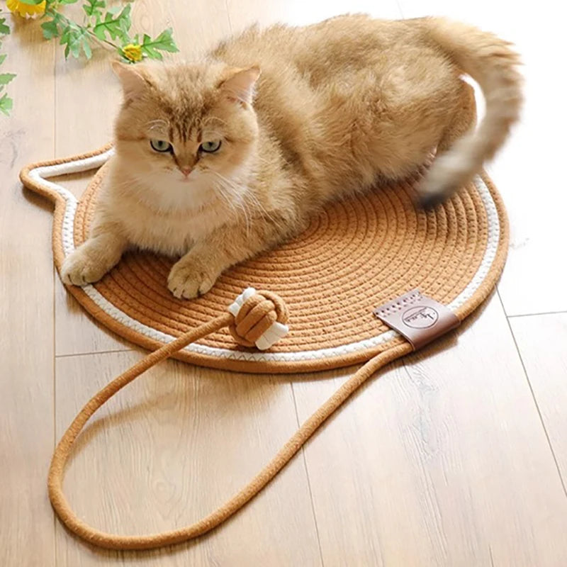 A fluffy orange cat lies on a round, brown Tails Cat Scratching Mat by KittyNook Cat Co. on a wooden floor.