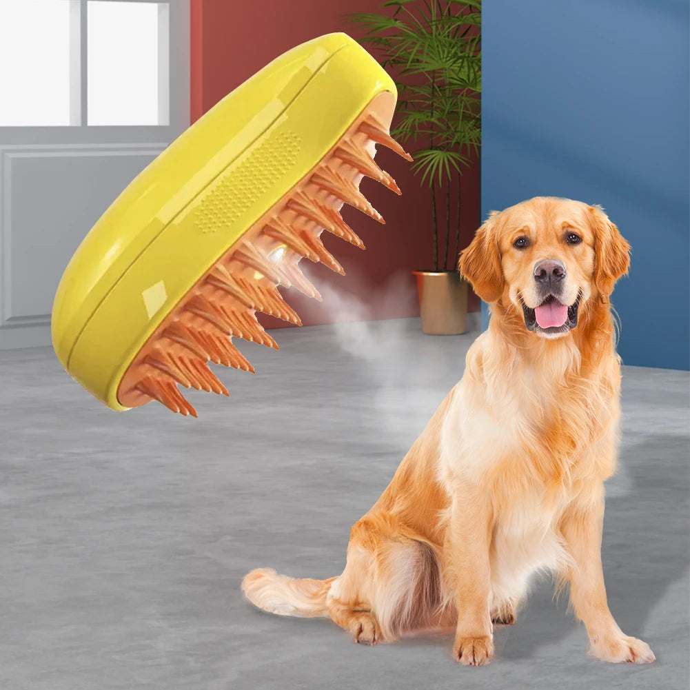 KittyNook Cat Co.'s yellow Electric Cat Grooming Brush emits mist as it hovers above an indoor golden retriever.