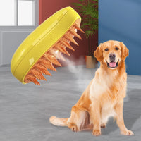 Thumbnail for KittyNook Cat Co.'s yellow Electric Cat Grooming Brush emits mist as it hovers above an indoor golden retriever.