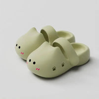 Thumbnail for KittyNook Cat Co. Adorable Cat Face Comfort Sandals in beige with pink cheeks, paw prints & non-slip sole shown.