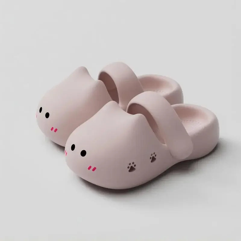 KittyNook Cat Co.’s Adorable Cat Face Comfort Sandals feature pink cat designs, paw prints, blush, and a non-slip sole.