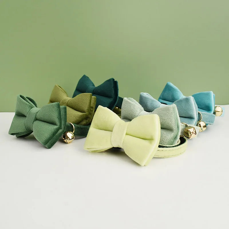 KittyNook Cat Co. Velvet Cat Collar in green or blue with gold bell—luxuriously soft and perfectly fitted for cats.