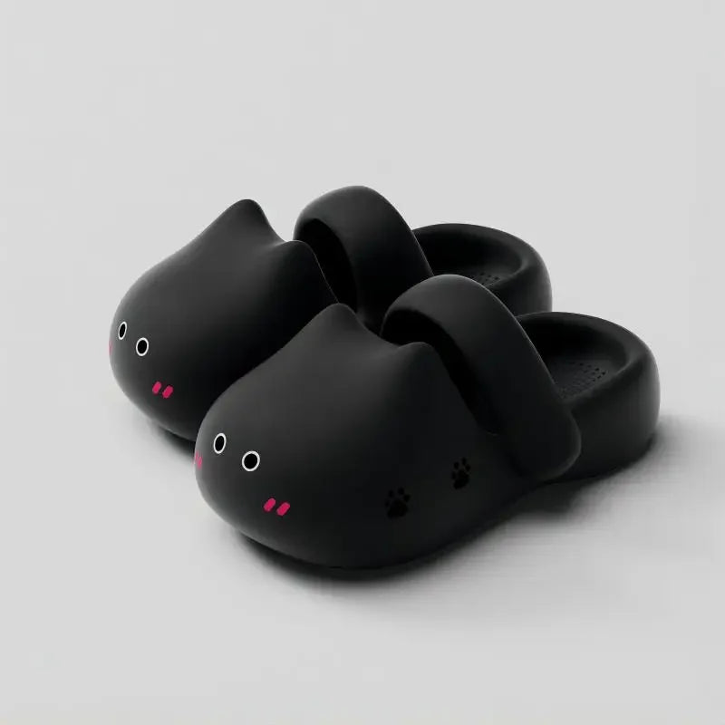 KittyNook Cat Co. Adorable Cat Face Comfort Sandals: black with cute faces, pink cheeks, and non-slip soles.