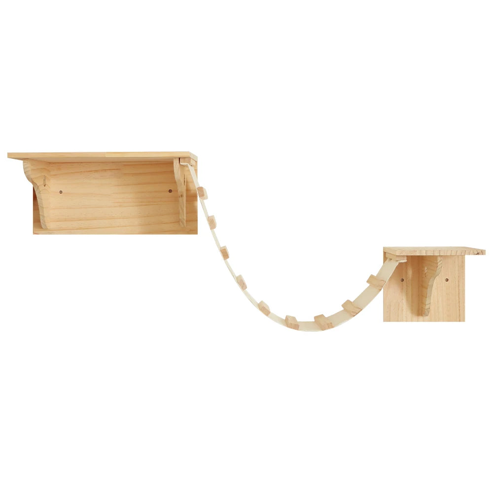 The Luxurious Wall-Mounted Cat Paradise by KittyNook Cat Co. features two wooden shelves with a stylish curved bridge.