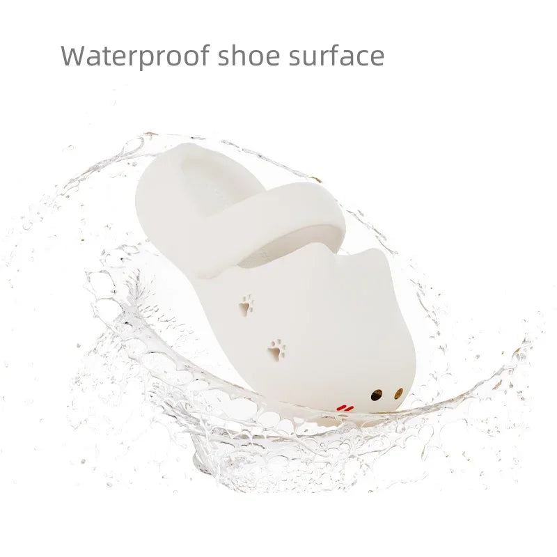 KittyNook Cat Co. Adorable Cat Face Comfort Sandals are white, waterproof EVA slippers with a cute cat design.