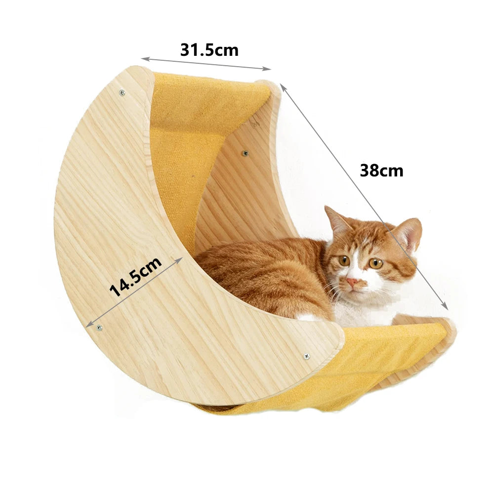 An orange and white cat lounges in the Luxurious Wall-Mounted Cat Paradise by KittyNook Cat Co., with cm dimensions shown.