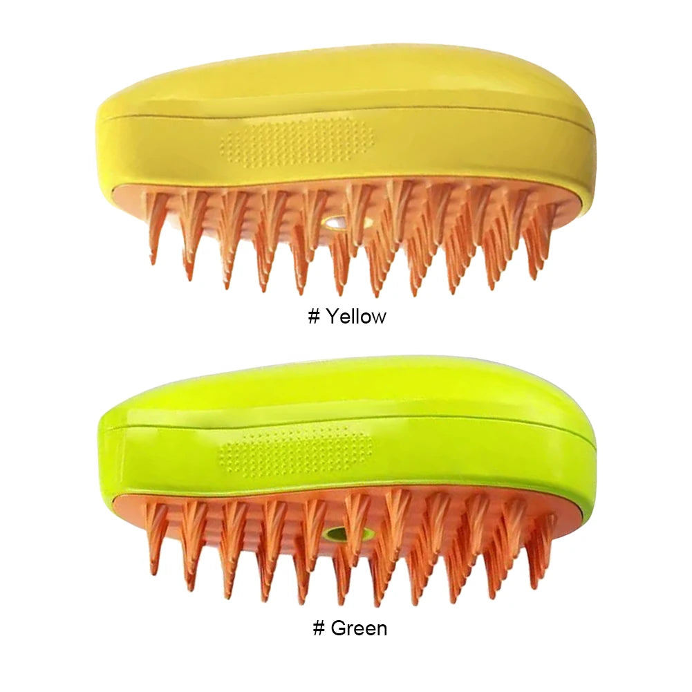 Two KittyNook Cat Co. Electric Cat Grooming Brushes in yellow and green, shown side by side.