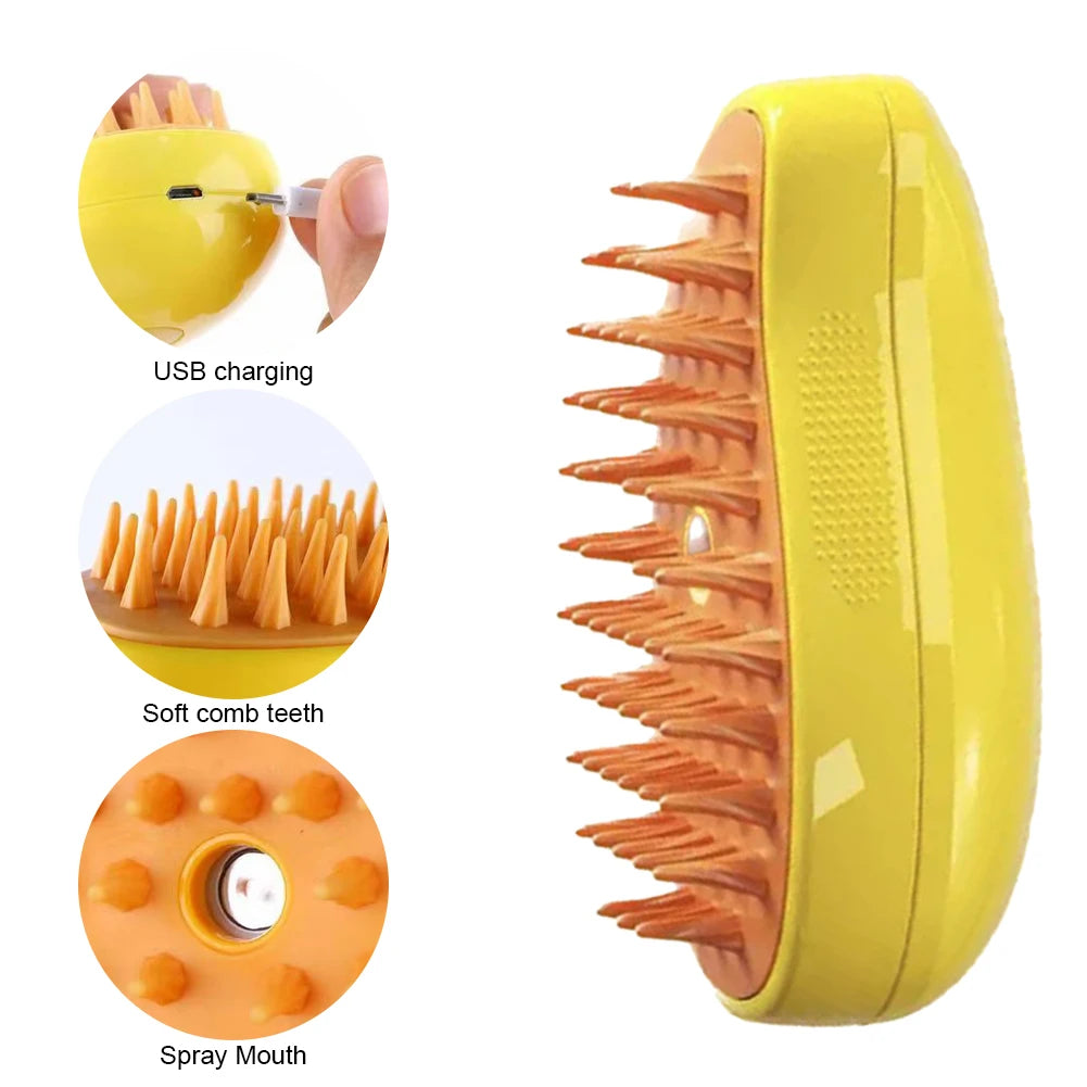 KittyNook Cat Co. Electric Cat Grooming Brush: yellow, orange soft teeth, spray nozzle, USB charging port.
