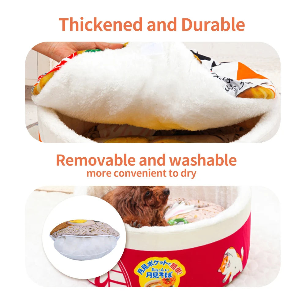 Instant Noodles Cat Bed by KittyNook: Cozy, fluffy, durable, removable cover; ideal for small dogs or cats. Washable design.