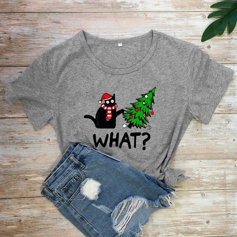 Black Cat What? Christmas Tee T-Shirt KittyNook Dark Gray S