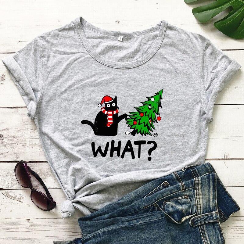 Black Cat What? Christmas Tee T-Shirt KittyNook Gray S