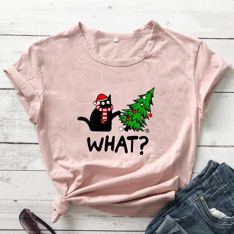 Black Cat What? Christmas Tee T-Shirt KittyNook Peach S