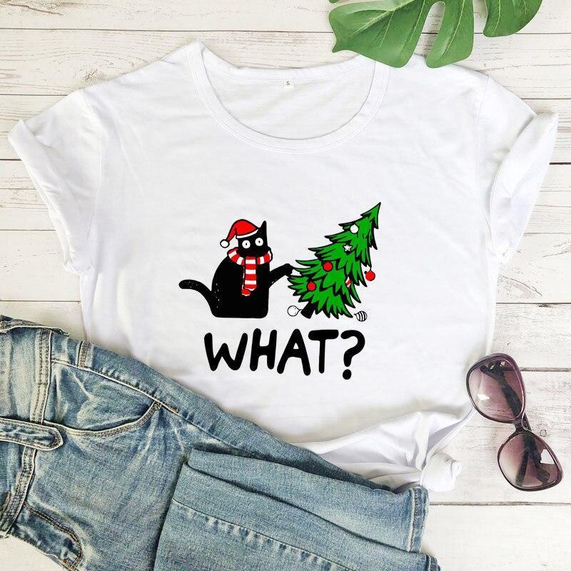 Black Cat What? Christmas Tee T-Shirt KittyNook White S