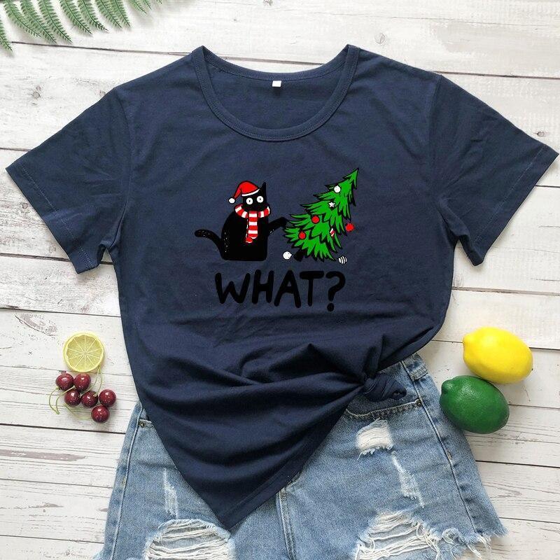 Black Cat What? Christmas Tee T-Shirt KittyNook Navy S
