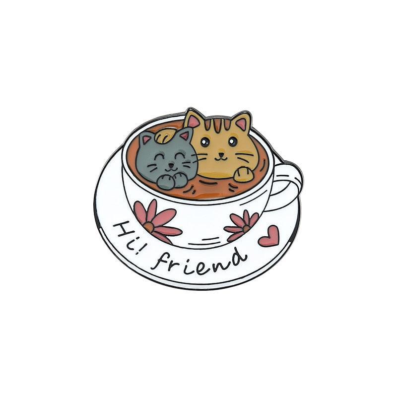 Caffeine Cats Enamel Pin Brooches & Lapel Pins KittyNook Cat Company Hi Friend!