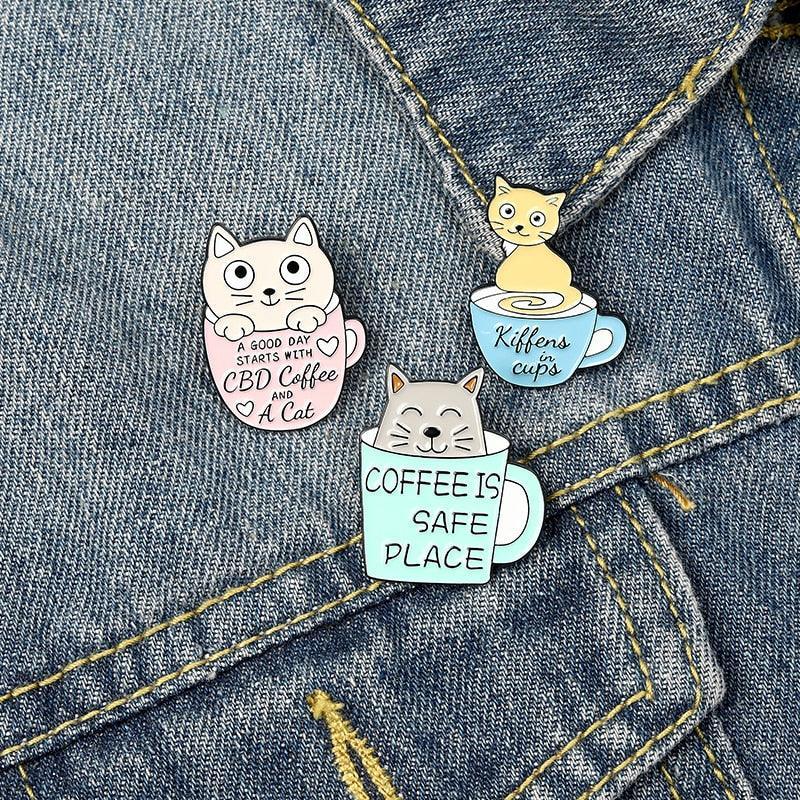 Caffeine Cats Enamel Pin Brooches & Lapel Pins KittyNook Cat Company