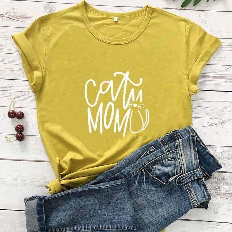 Cat Mom Printed Tee Shirts & Tops KittyNook Mustard-White Text S