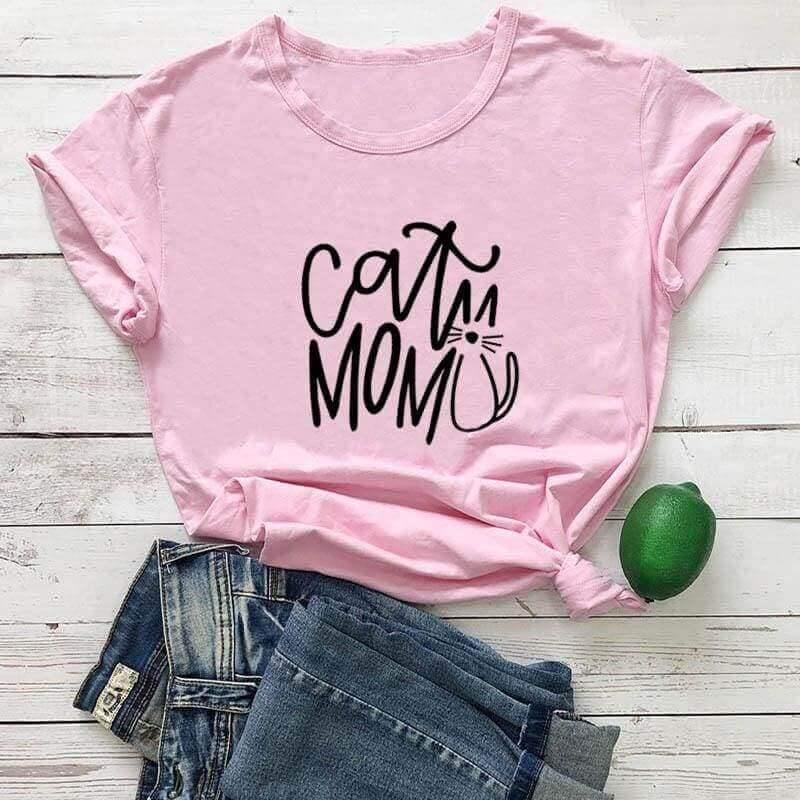 Cat Mom Printed Tee Shirts & Tops KittyNook Pink-Black Text S