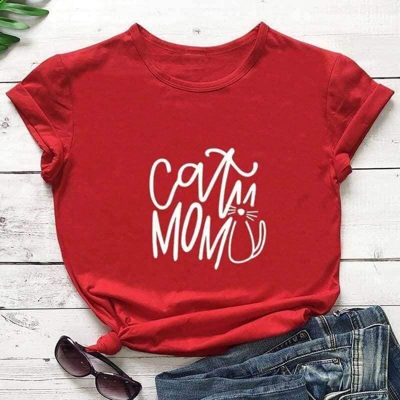 Cat Mom Printed Tee Shirts & Tops KittyNook Red-White Text S