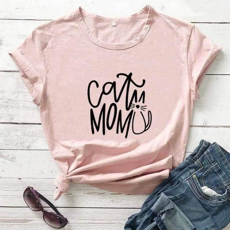 Cat Mom Printed Tee Shirts & Tops KittyNook Peach-Black Text S