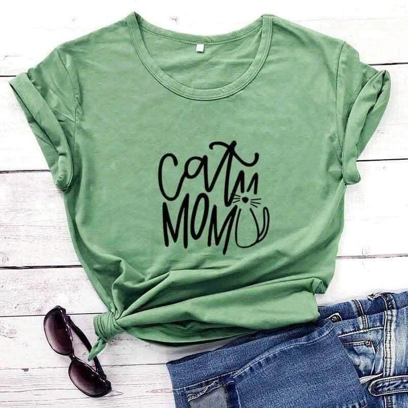 Cat Mom Printed Tee Shirts & Tops KittyNook Olive-Black Text S