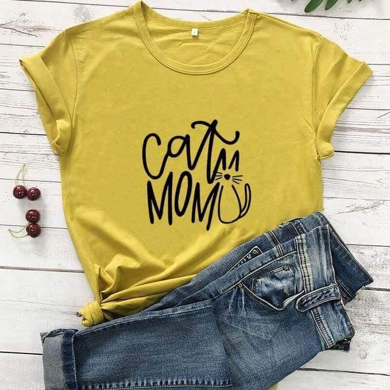 Cat Mom Printed Tee Shirts & Tops KittyNook Mustard-Black Text S