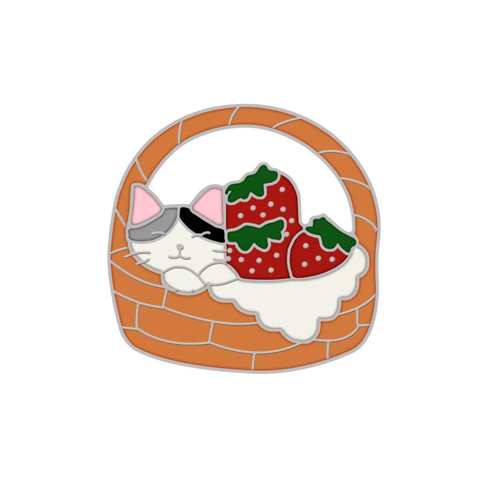 Cat n' Book Enamel Pin KittyNook Cat Company Cats in Strawberry Basket
