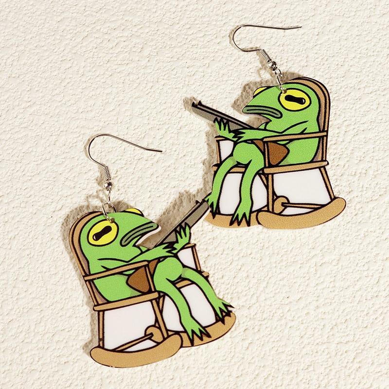Critter Creatures Long Dangle Earrings Earrings KittyNook Cat Company Gangster Frogs