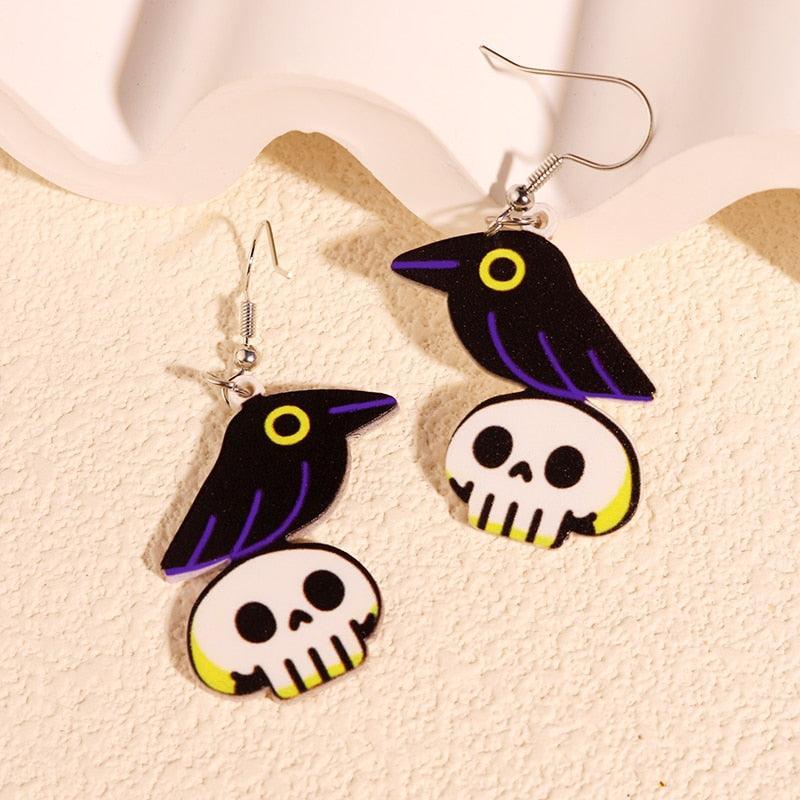 Critter Creatures Long Dangle Earrings Earrings KittyNook Cat Company Skull Crows