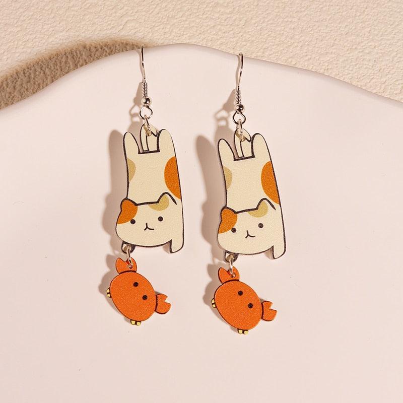 Critter Creatures Long Dangle Earrings Earrings KittyNook Cat Company Hanging Cats with Crabs
