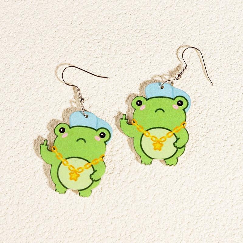Critter Creatures Long Dangle Earrings Earrings KittyNook Cat Company Blingy Frogs