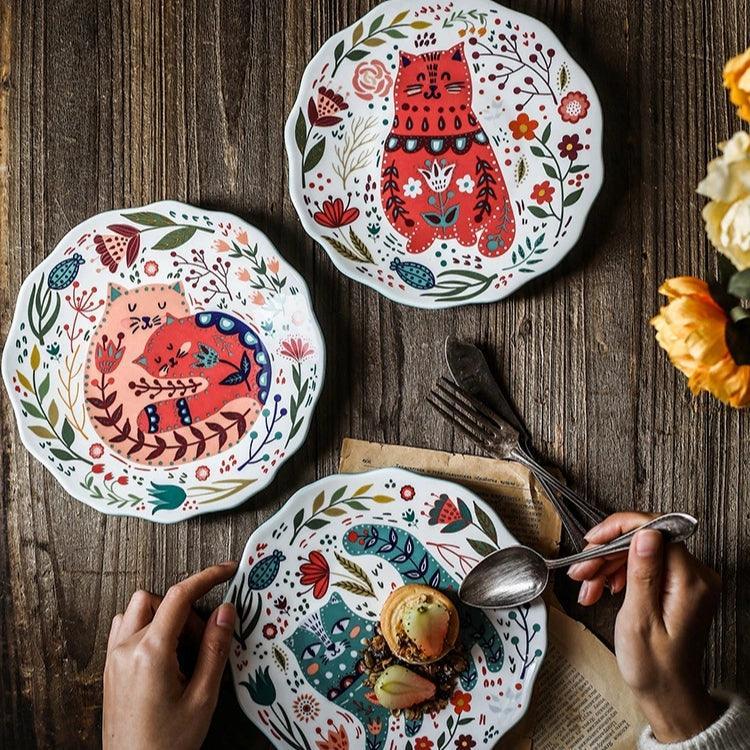 Flowers and Cat Plate Plates KittyNook Cat Company