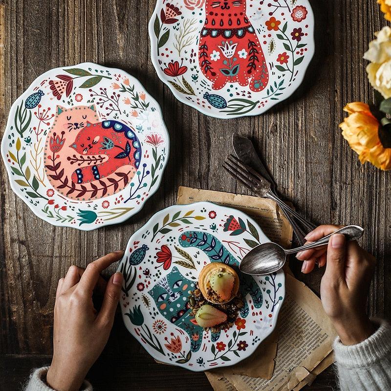 Flowers and Cat Plate Plates KittyNook Cat Company