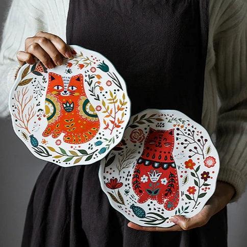 Flowers and Cat Plate Plates KittyNook Cat Company
