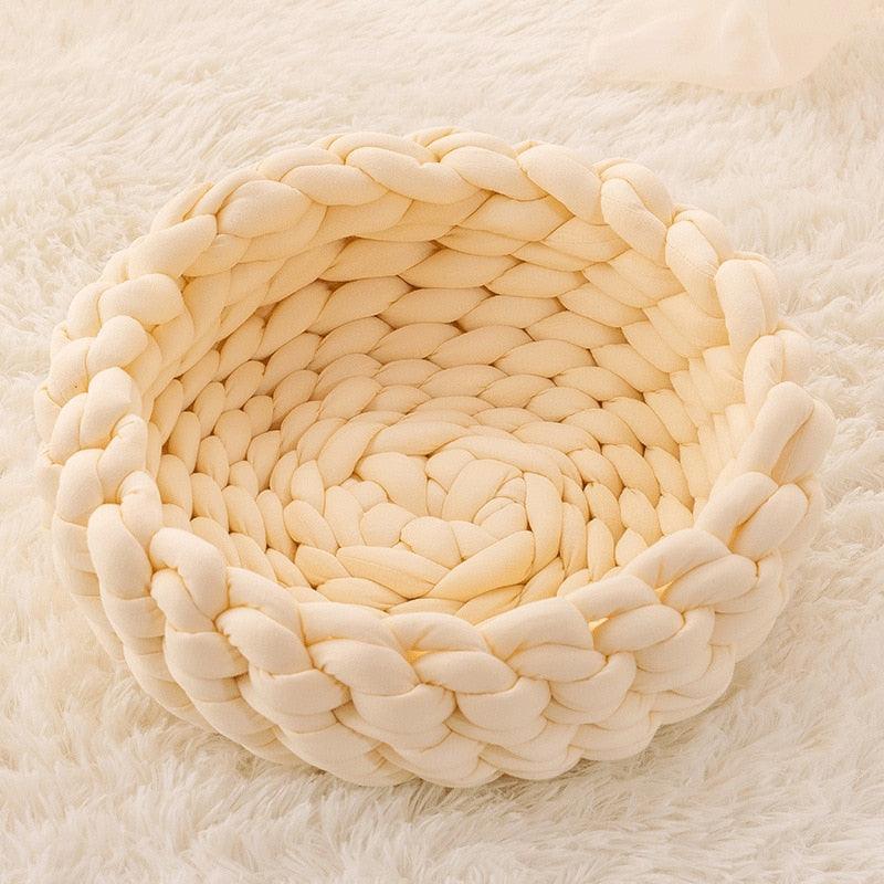 Fluffy Knitted Round Cat Bed Cat Beds KittyNook Cat Company Cream 55cm
