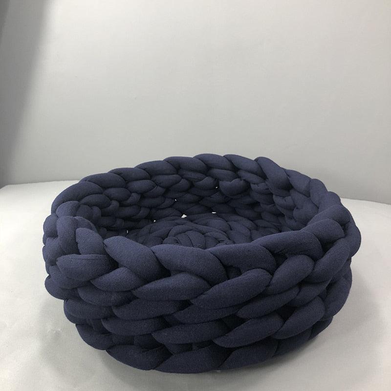 Fluffy Knitted Round Cat Bed Cat Beds KittyNook Cat Company Dark Blue 35cm