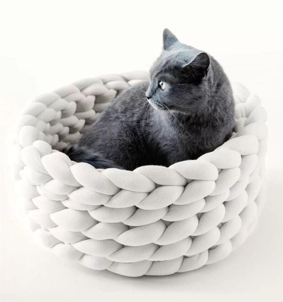 Fluffy Knitted Round Cat Bed Cat Beds KittyNook Cat Company White 35cm