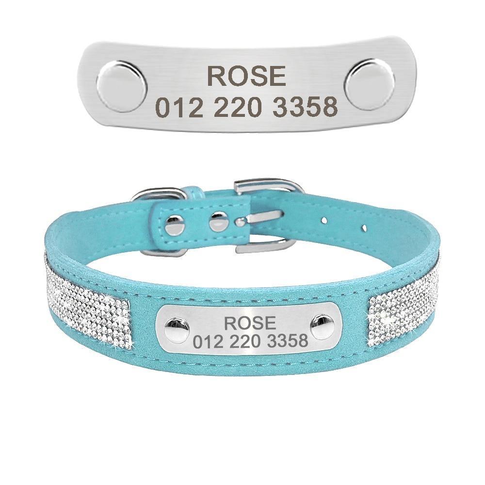 Leather Nameplate Cat Collar Pet Collars & Harnesses KittyNook Blue with Blings S