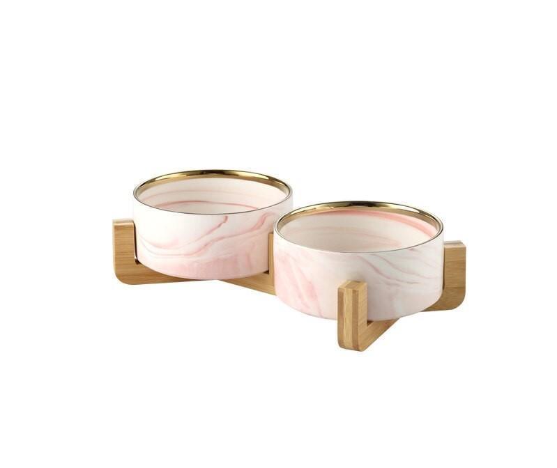 Marble and Bamboo Pet Bowl Pet Bowls, Feeders & Waterers KittyNook Pink Gold Rimmed Bowl 400ML