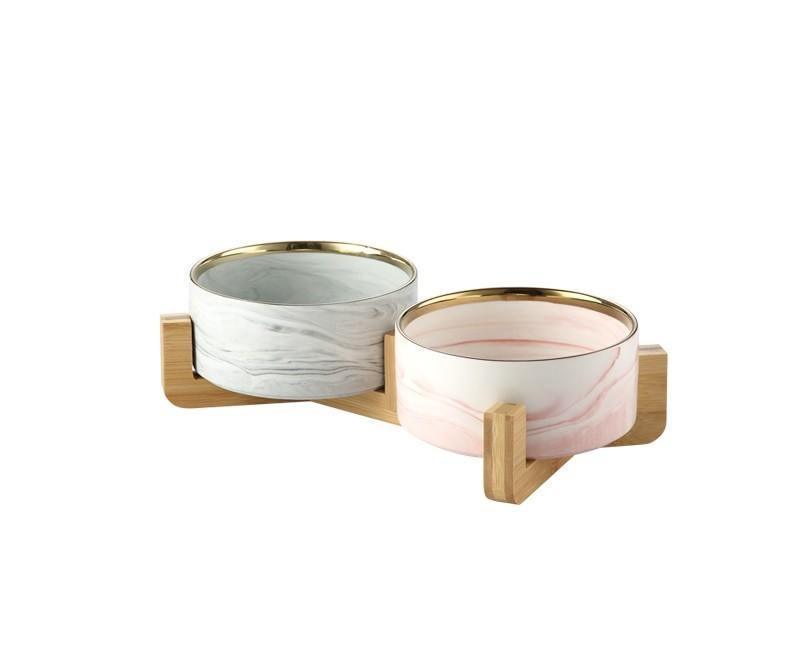 Marble and Bamboo Pet Bowl Pet Bowls, Feeders & Waterers KittyNook Pink&Gray Gold Rimmed Bowl 400ML