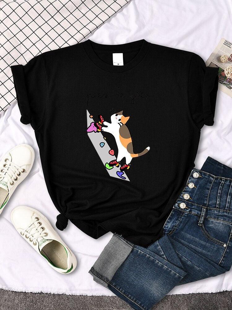 Rock Climbing Cat Graphic Tee Shirts & Tops KittyNook Cat Company