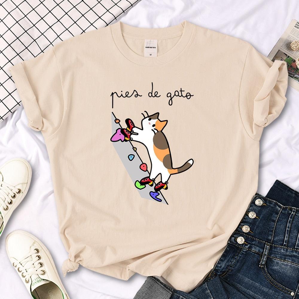 Rock Climbing Cat Graphic Tee Shirts & Tops KittyNook Cat Company Beige S