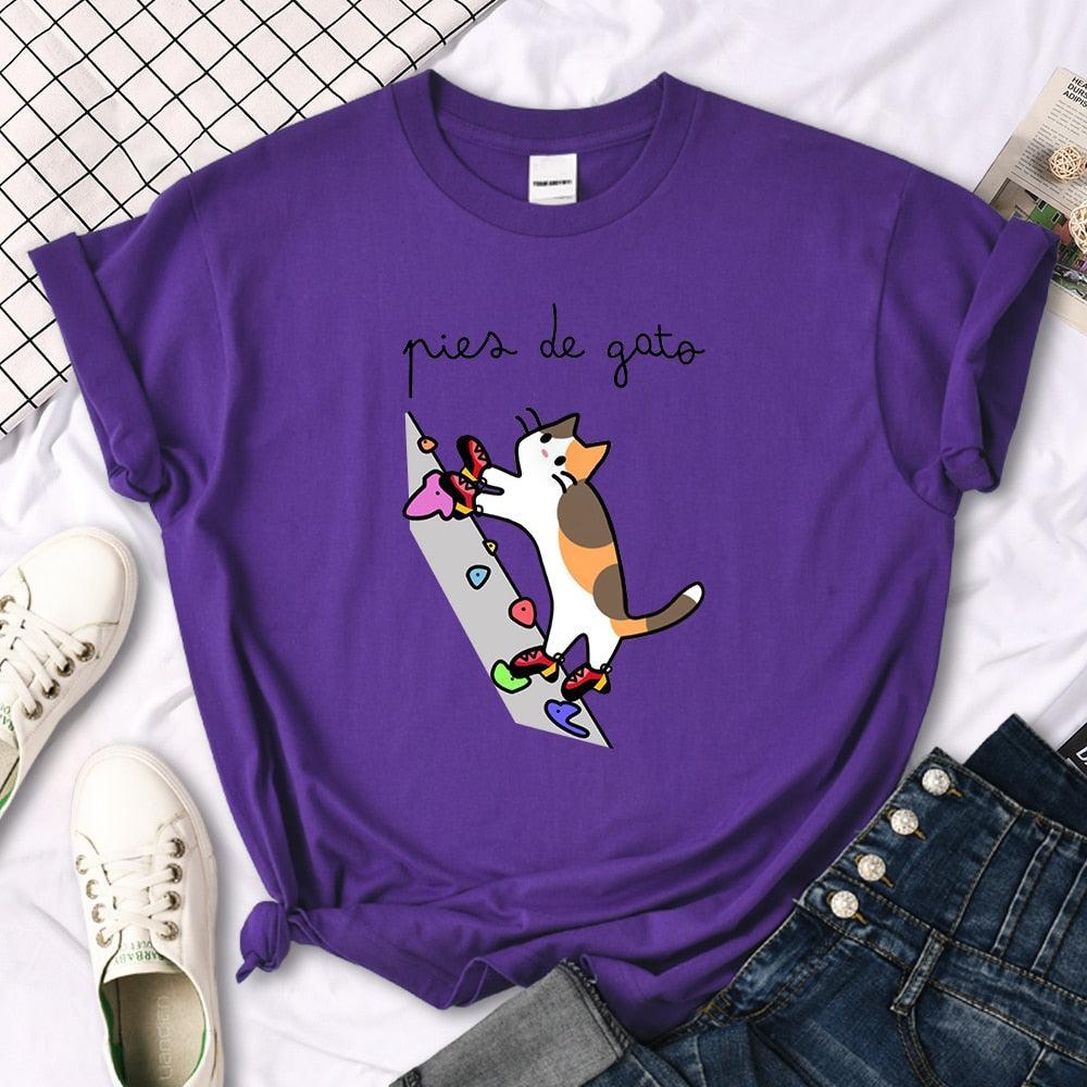 Rock Climbing Cat Graphic Tee Shirts & Tops KittyNook Cat Company Purple S