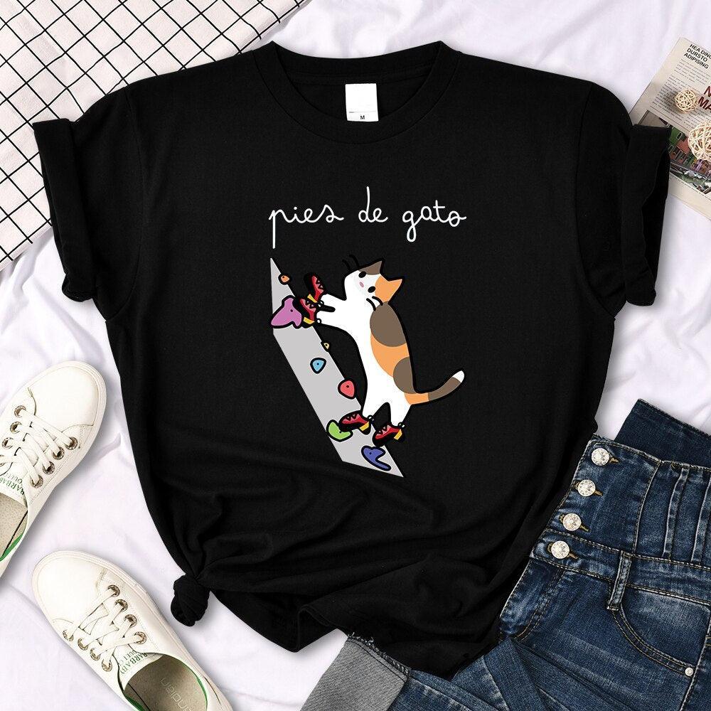 Rock Climbing Cat Graphic Tee Shirts & Tops KittyNook Cat Company Black S