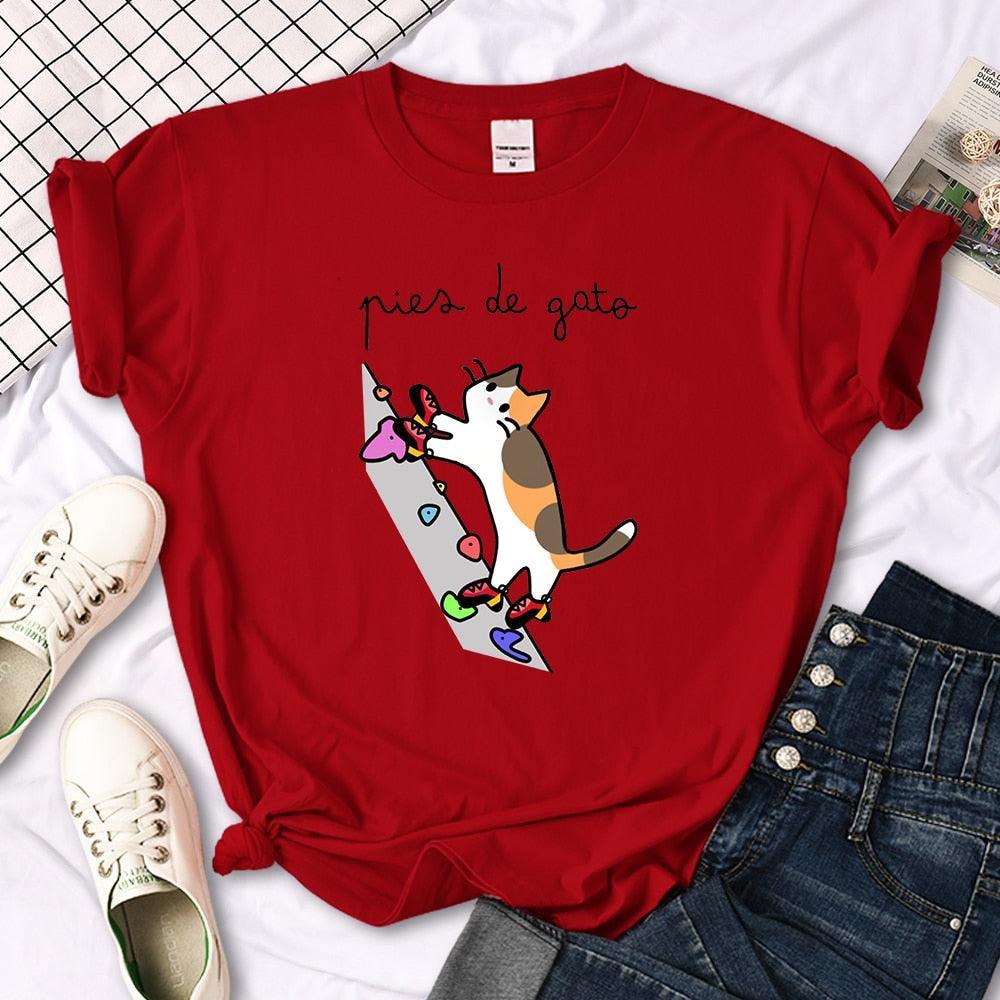 Rock Climbing Cat Graphic Tee Shirts & Tops KittyNook Cat Company Red S