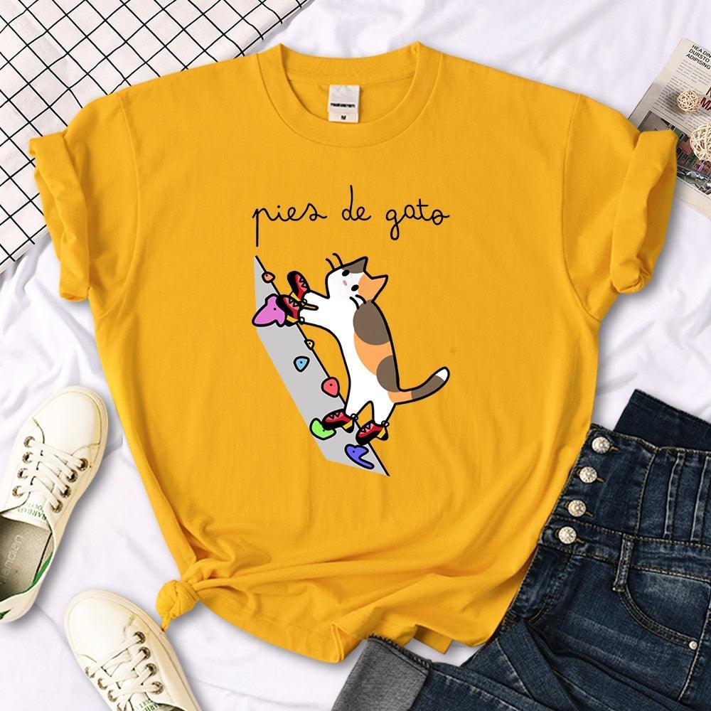 Rock Climbing Cat Graphic Tee Shirts & Tops KittyNook Cat Company Yellow S