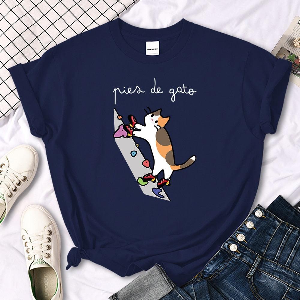 Rock Climbing Cat Graphic Tee Shirts & Tops KittyNook Cat Company Dark Blue S